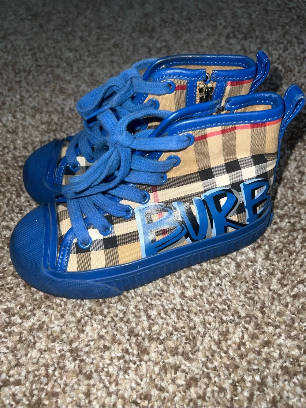 Burberry Blue Plaid Graffiti Kids High-Top Sneakers